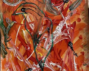 Acryl und Zeitungsschnipsel - in orange und weiß. Zu erkennen ist ein angedeuteter Papagei