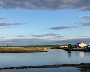 Blick auf den HAfen von NEuharlingersiel - viel Wasser, ein paar kleine Häuschen