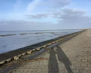 Schattenriss von zwei Menschen im Gespräch am Deich