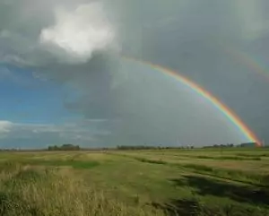 doppelter Regenbogen mit Wolken über einer Wiese