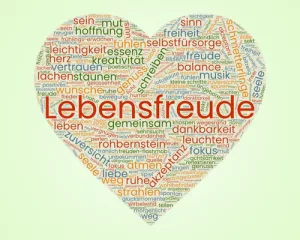 Wortwolke zum Thema Lebensfreude in Form eines Herzens