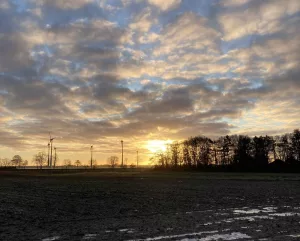 Sonnenuntergang über einem Acker in Ostfriesland und im Hintergrund Windräder