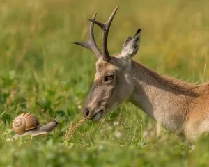 ein Damhiersch und eine Weinbergschnecke schauen sich an auf einer grünen Wiese