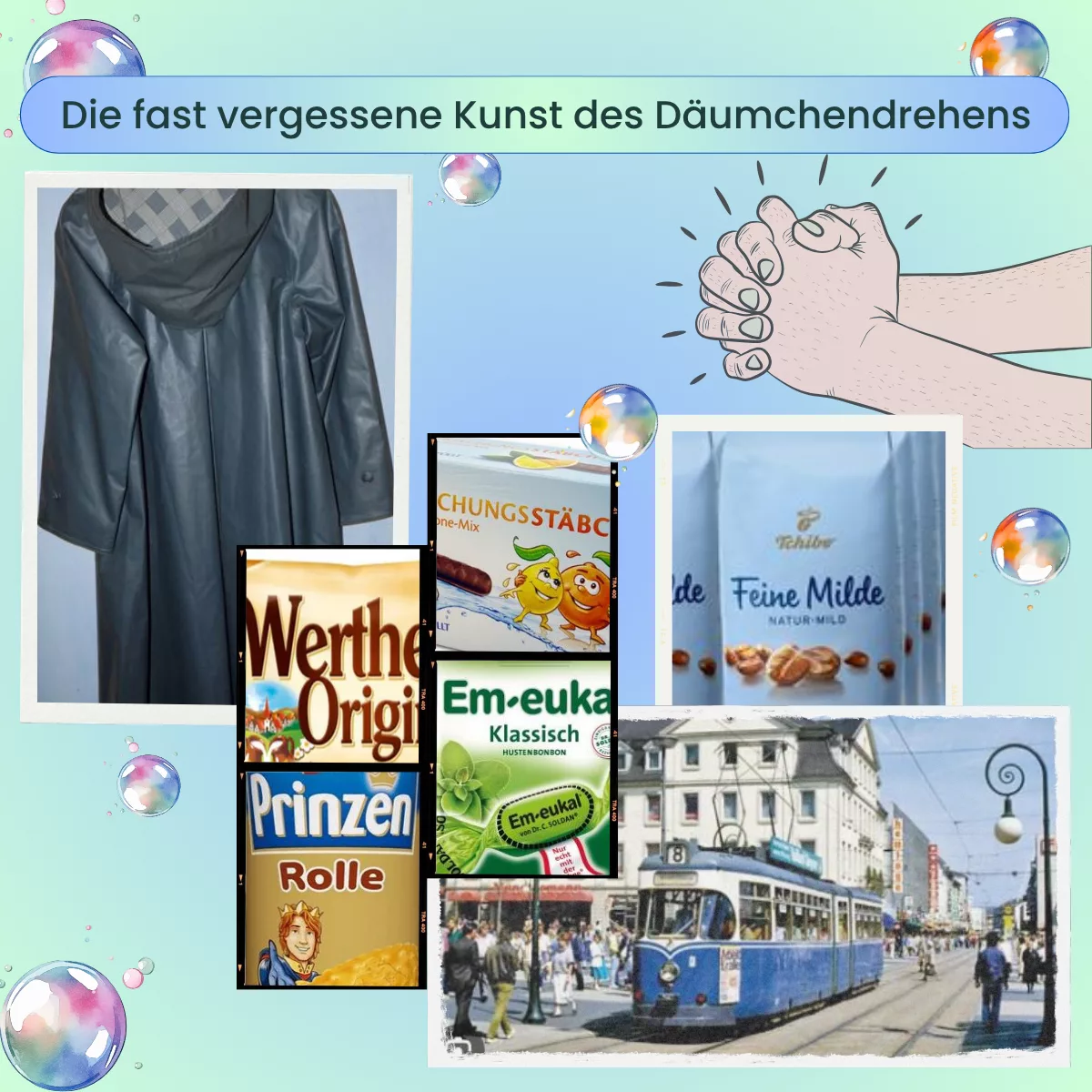 Collage mit Fotos von Straßenbahn Kleppermantel und Süßigkeiten