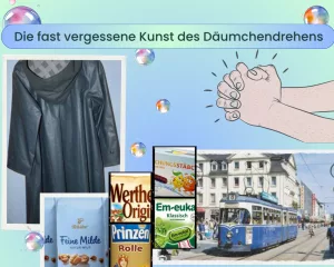 Collage mit Straßenbahn, Kleppermantel und Süßigkeiten