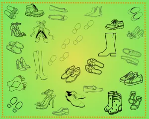 Grafik mit vielen Schuhen vor grünem Hintergrund