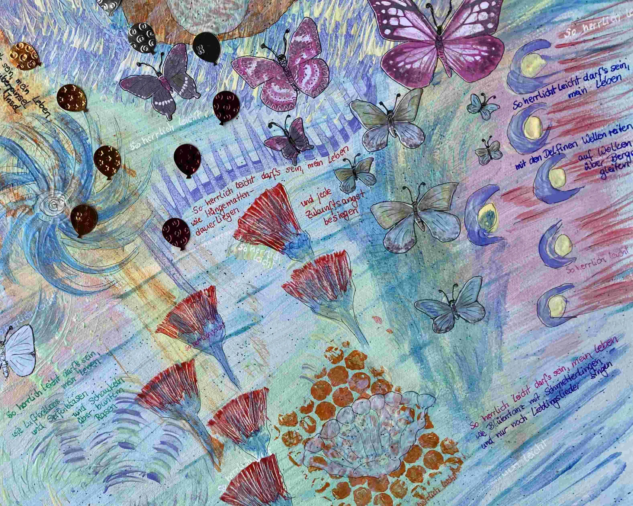 Acrylmalerei mit Schmetterlingen, Seifenblasen und Luftballons